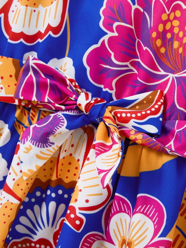 Toddler/Kid Girl Hawaiian Outfits Tropical Floral Print Vacation Clothes Strap Belted Dress Summer Beachwear Set Navy