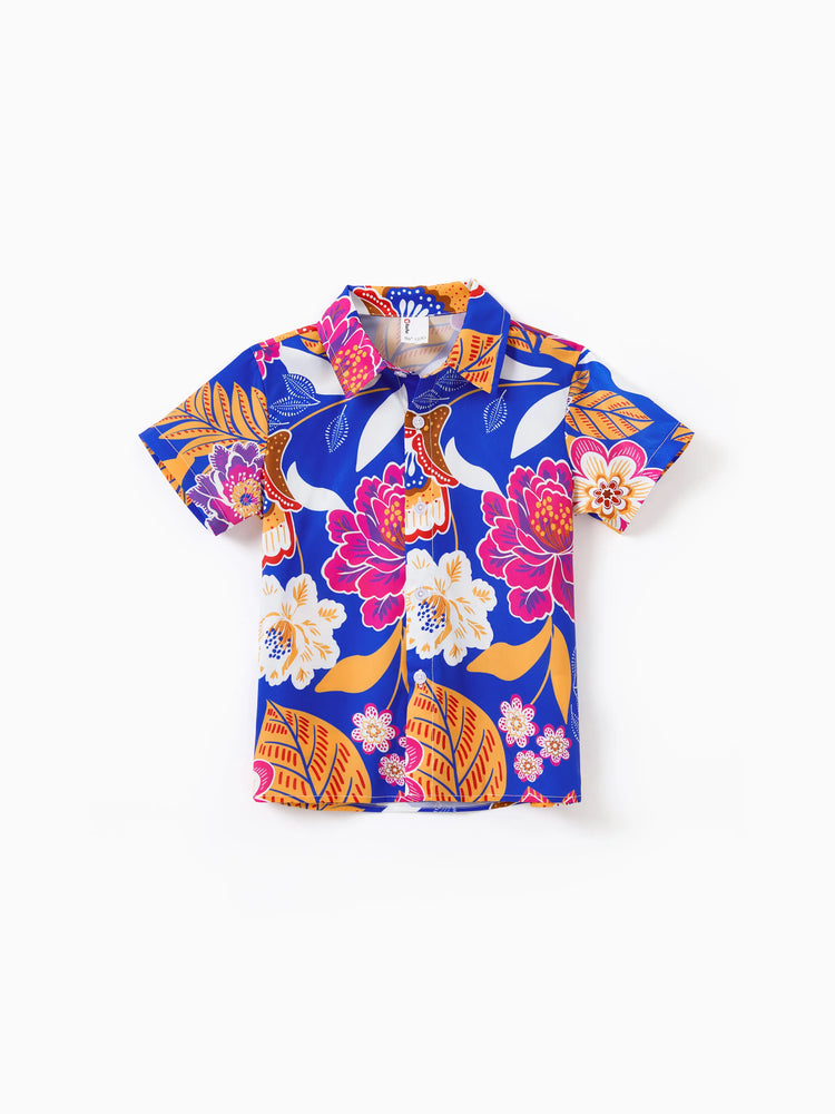 Tenues hawaïennes assorties pour la famille, vêtements de vacances à imprimé floral tropical, robe ceinturée à bretelles ou chemises à manches courtes, ensemble de vêtements de plage d'été bleu marine