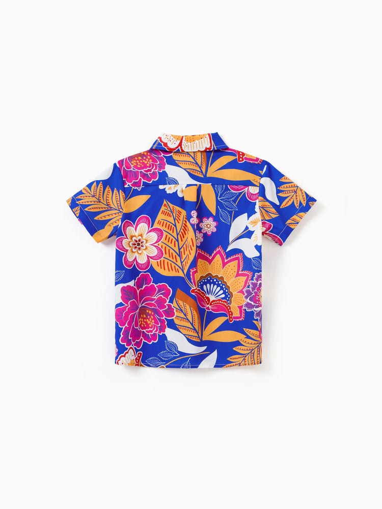 Tenues hawaïennes assorties pour la famille, vêtements de vacances à imprimé floral tropical, robe ceinturée à bretelles ou chemises à manches courtes, ensemble de vêtements de plage d'été bleu marine