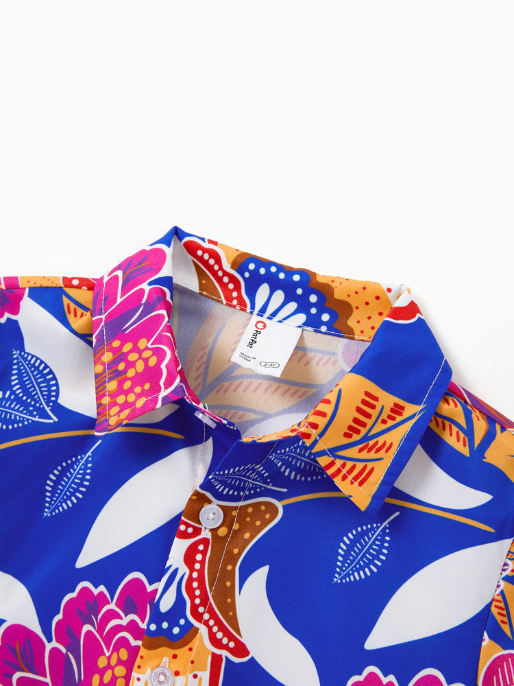 Tenues hawaïennes assorties pour la famille, vêtements de vacances à imprimé floral tropical, robe ceinturée à bretelles ou chemises à manches courtes, ensemble de vêtements de plage d'été bleu marine