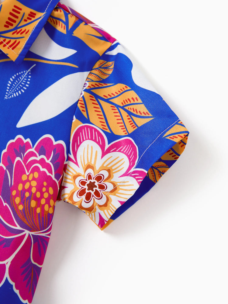 Tenues hawaïennes assorties pour la famille, vêtements de vacances à imprimé floral tropical, robe ceinturée à bretelles ou chemises à manches courtes, ensemble de vêtements de plage d'été bleu marine