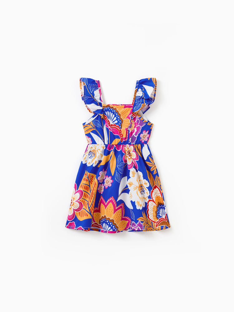 Mommy & me Hawaiian Outfits Tropical Floral Print Vacation Clothes Strap Belted Dress Navy