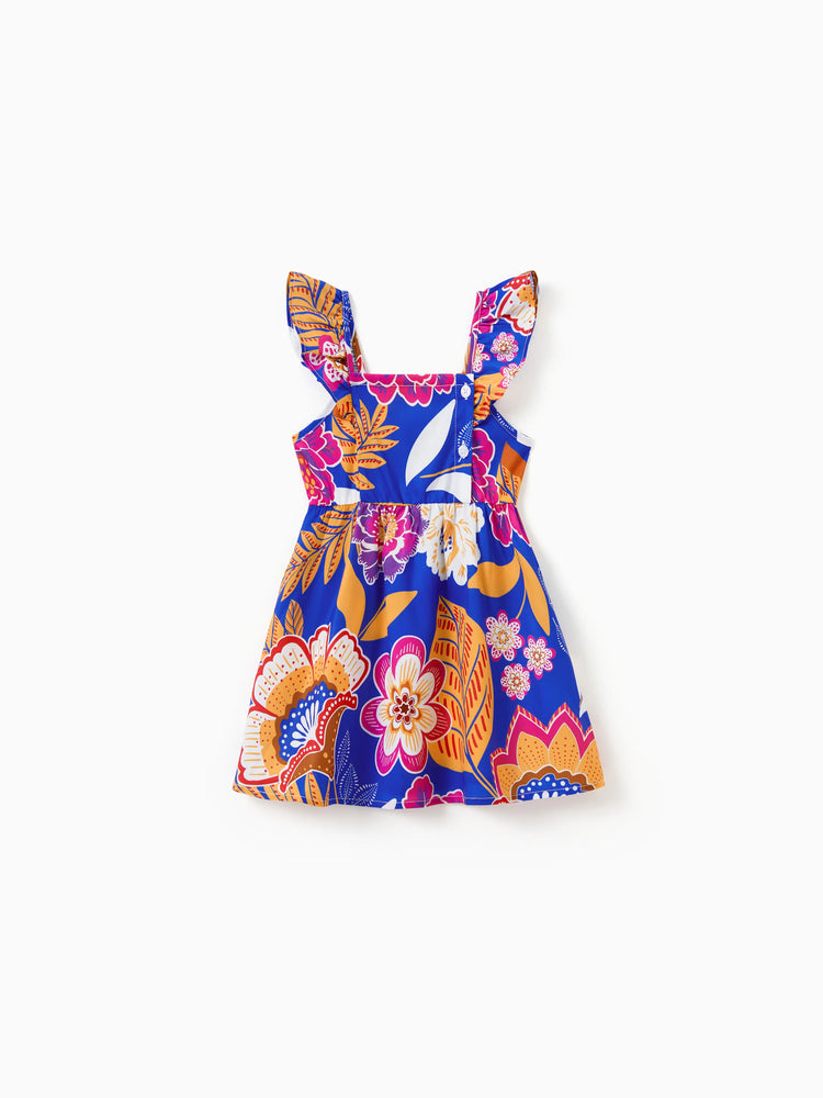 Mommy & me Hawaiian Outfits Tropical Floral Print Vacation Clothes Strap Belted Dress Navy