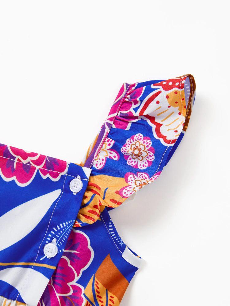 Tenues hawaïennes assorties pour la famille, vêtements de vacances à imprimé floral tropical, robe ceinturée à bretelles ou chemises à manches courtes, ensemble de vêtements de plage d'été bleu marine