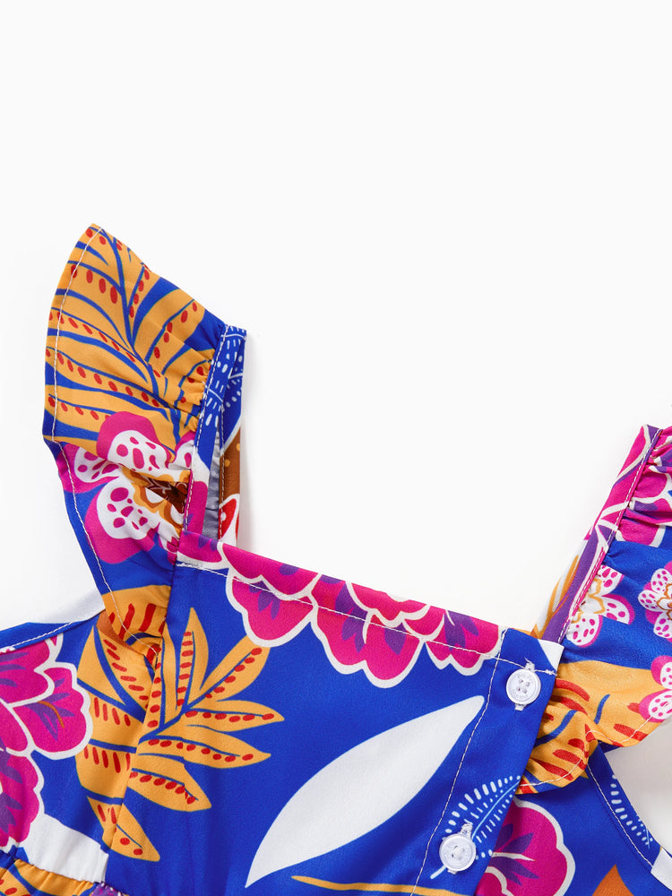Mommy & me Hawaiian Outfits Tropical Floral Print Vacation Clothes Strap Belted Dress Navy