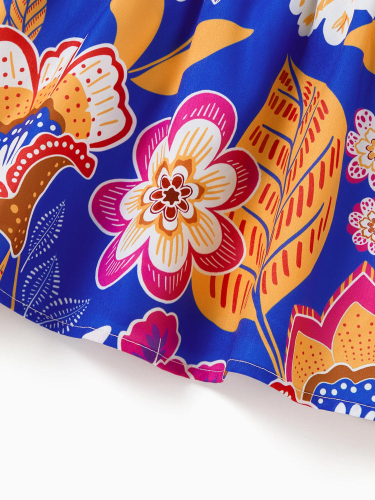 Mommy & me Hawaiian Outfits Tropical Floral Print Vacation Clothes Strap Belted Dress Navy