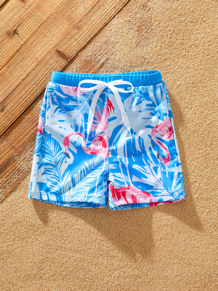 Maillot de bain bleu assorti pour toute la famille, maillot de bain imprimé flamant rose ou maillot de bain une pièce en maille élastique bleu