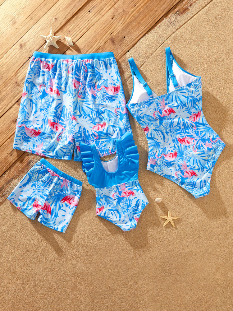 Maillot de bain bleu assorti pour toute la famille, maillot de bain imprimé flamant rose ou maillot de bain une pièce en maille élastique bleu