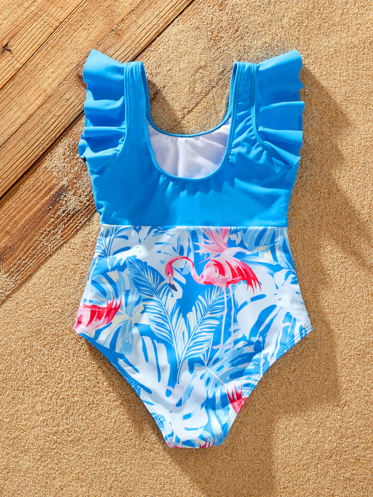 Maillot de bain bleu assorti pour toute la famille, maillot de bain imprimé flamant rose ou maillot de bain une pièce en maille élastique bleu