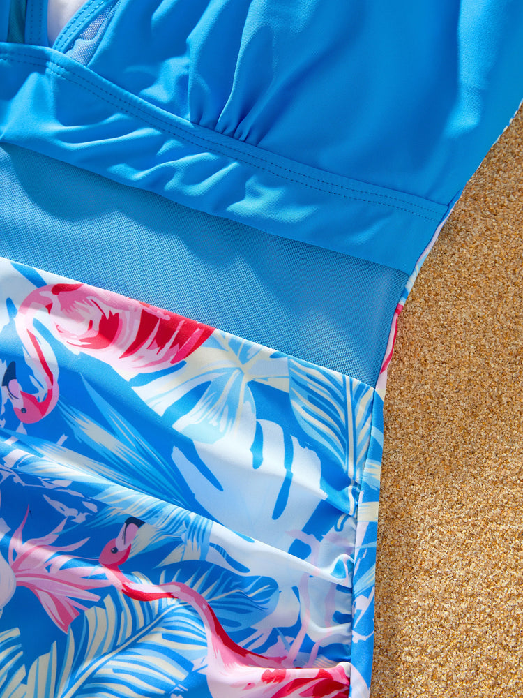 Maillot de bain bleu assorti pour toute la famille, maillot de bain imprimé flamant rose ou maillot de bain une pièce en maille élastique bleu