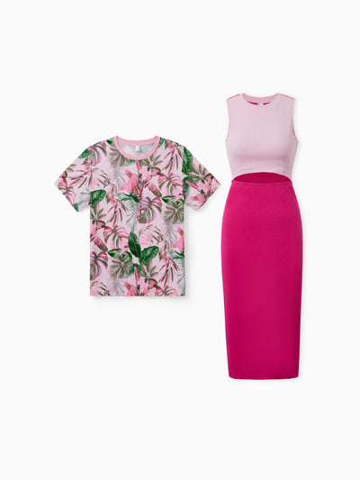 Family Matching Couple Outfits Tropical Leaf Print T-Shirt or Hot Pink Sleeveless Dresses Hot Pink