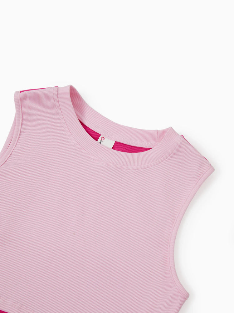 Family Matching Couple Outfits Tropical Leaf Print T-Shirt or Hot Pink Sleeveless Dresses Hot Pink