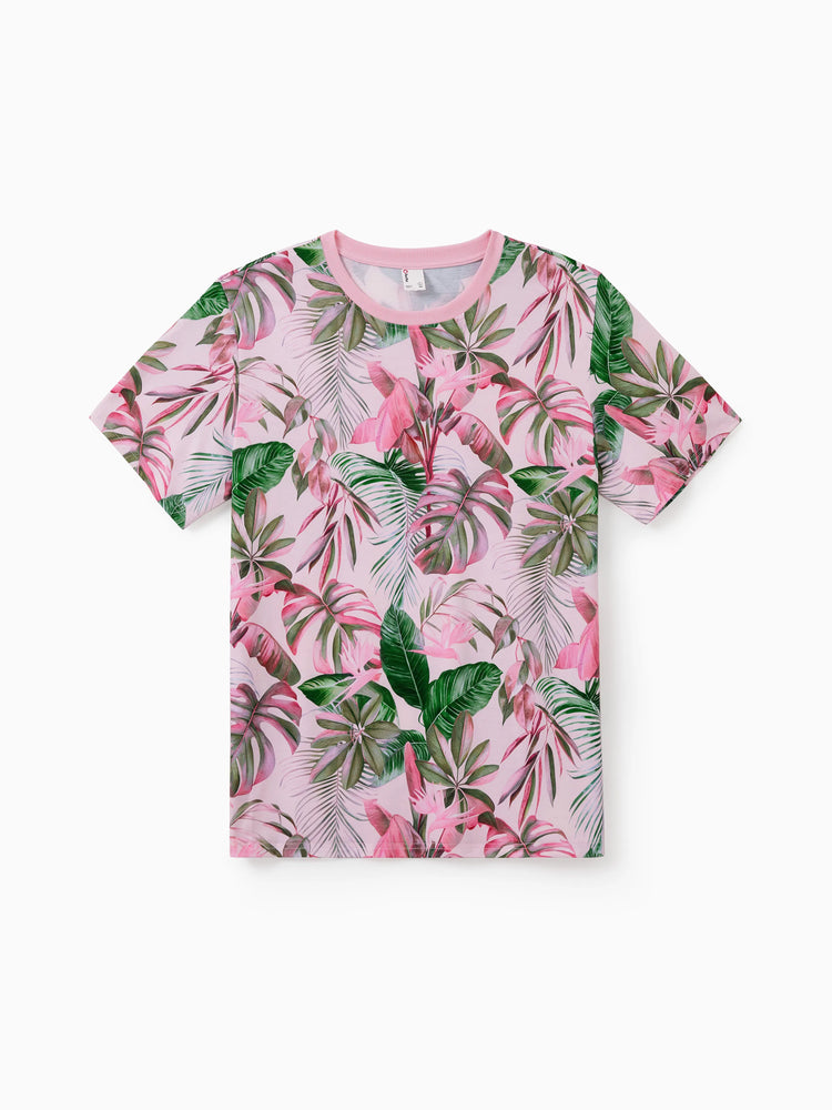 Family Matching Couple Outfits Tropical Leaf Print T-Shirt or Hot Pink Sleeveless Dresses Hot Pink