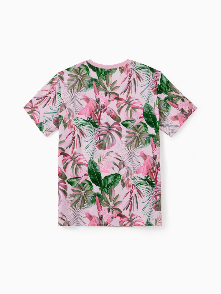 Family Matching Couple Outfits Tropical Leaf Print T-Shirt or Hot Pink Sleeveless Dresses Hot Pink