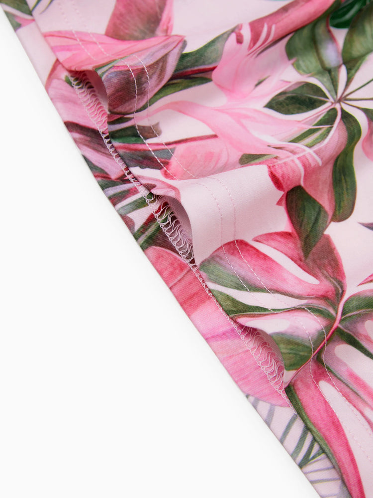 Family Matching Couple Outfits Tropical Leaf Print T-Shirt or Hot Pink Sleeveless Dresses Hot Pink