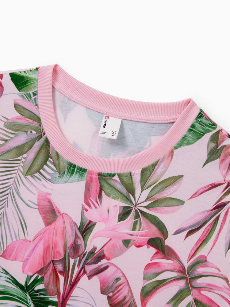 Family Matching Couple Outfits Tropical Leaf Print T-Shirt or Hot Pink Sleeveless Dresses Hot Pink