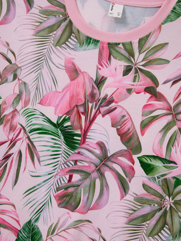 Family Matching Couple Outfits Tropical Leaf Print T-Shirt or Hot Pink Sleeveless Dresses Hot Pink