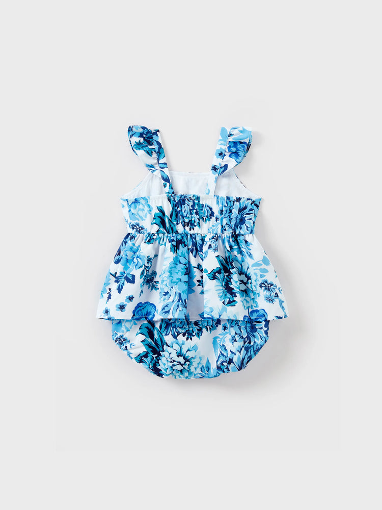 Mommy & me Outfits White Camisole Top and Blue Floral Print Skirt Co-ord Set Blue