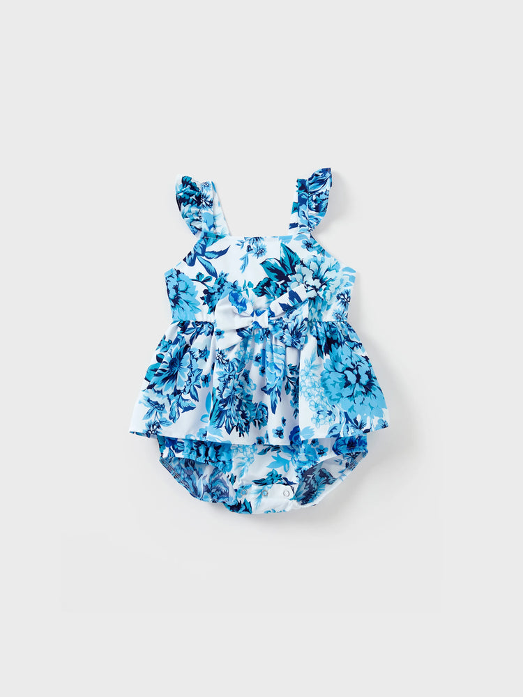Mommy & me Outfits White Camisole Top and Blue Floral Print Skirt Co-ord Set Blue