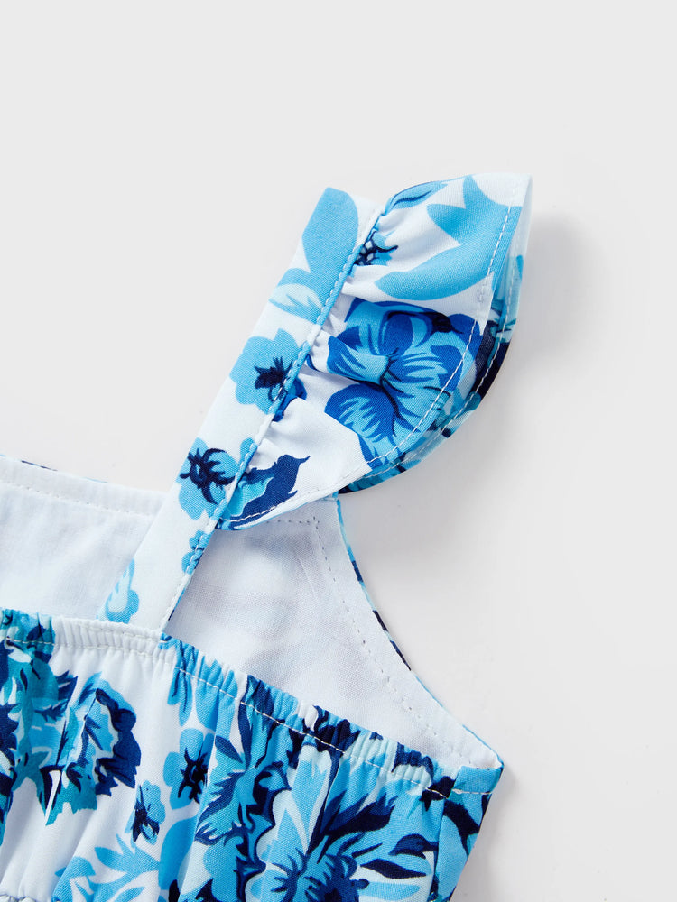 Mommy & me Outfits White Camisole Top and Blue Floral Print Skirt Co-ord Set Blue