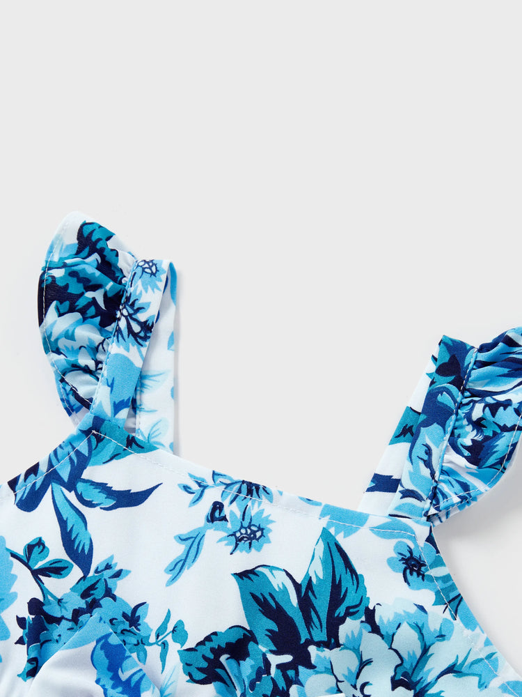 Mommy & me Outfits White Camisole Top and Blue Floral Print Skirt Co-ord Set Blue