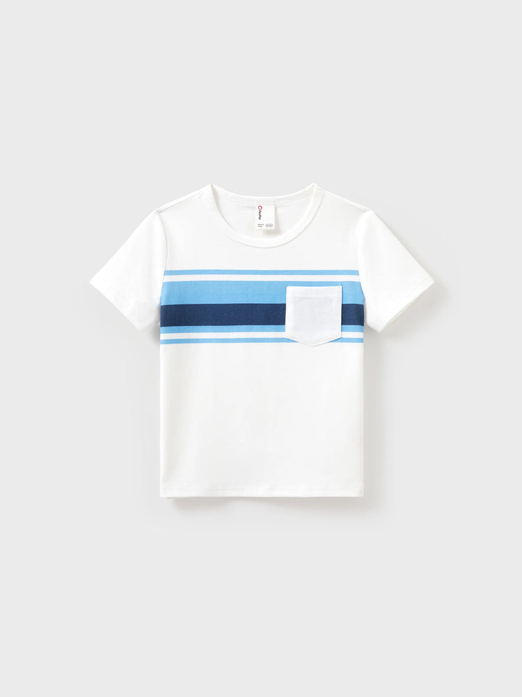 Daddy & Son Outfits White and Blue Colorblock Short-sleeve T-shirt Blue