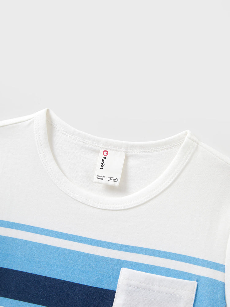 Daddy & Son Outfits White and Blue Colorblock Short-sleeve T-shirt Blue
