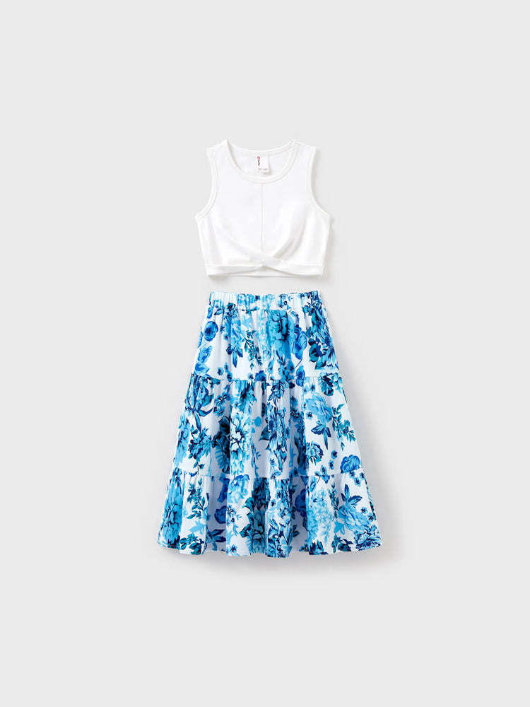 Mommy & me Outfits White Camisole Top and Blue Floral Print Skirt Co-ord Set Blue