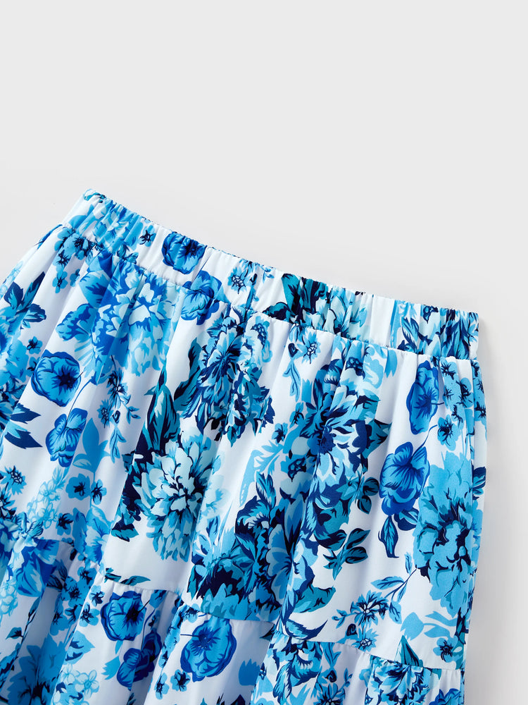 Mommy & me Outfits White Camisole Top and Blue Floral Print Skirt Co-ord Set Blue