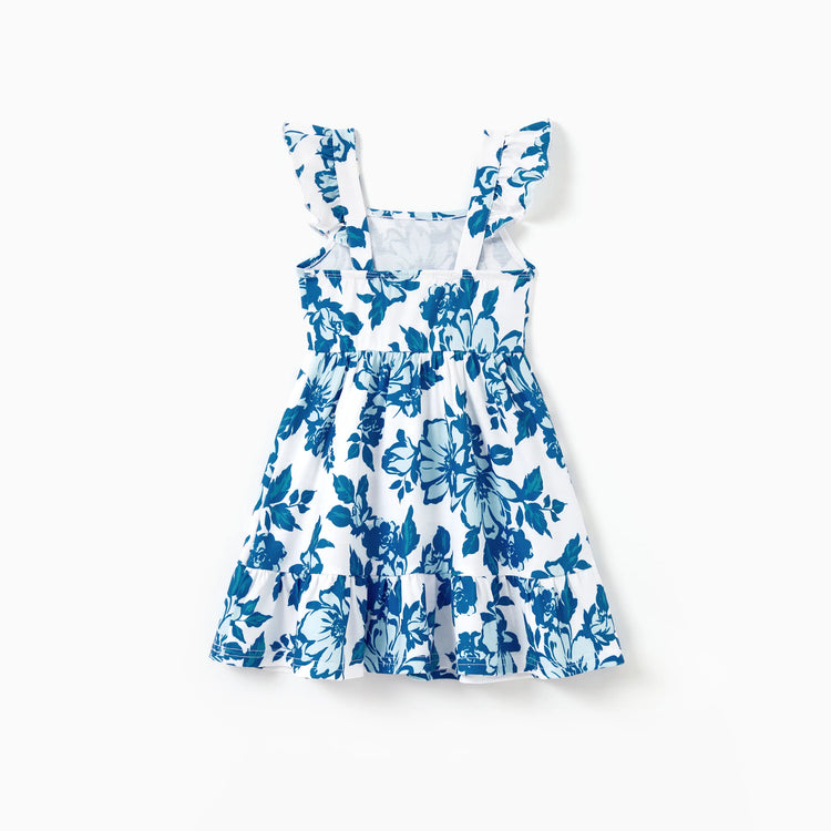 Family Matching Outfits Blue Floral Summer Clothes Halter Dress, or Colorblock T-Shirt Coordinated Look for Beach, Vacation, Photoshoot Turquoise