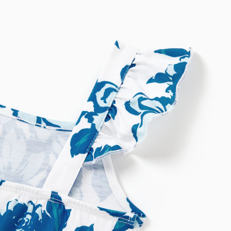 Family Matching Outfits Blue Floral Summer Clothes Halter Dress, or Colorblock T-Shirt Coordinated Look for Beach, Vacation, Photoshoot Turquoise