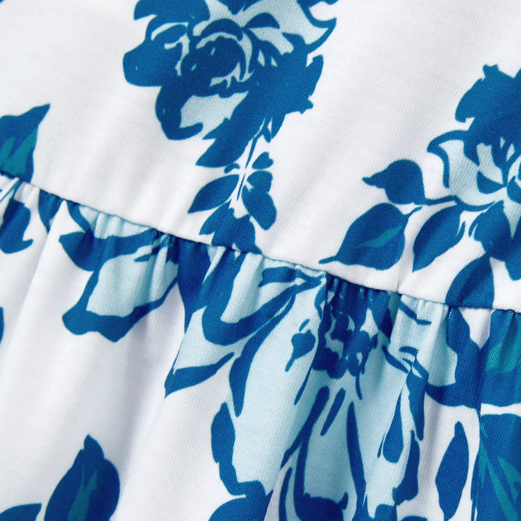 Family Matching Outfits Blue Floral Summer Clothes Halter Dress, or Colorblock T-Shirt Coordinated Look for Beach, Vacation, Photoshoot Turquoise