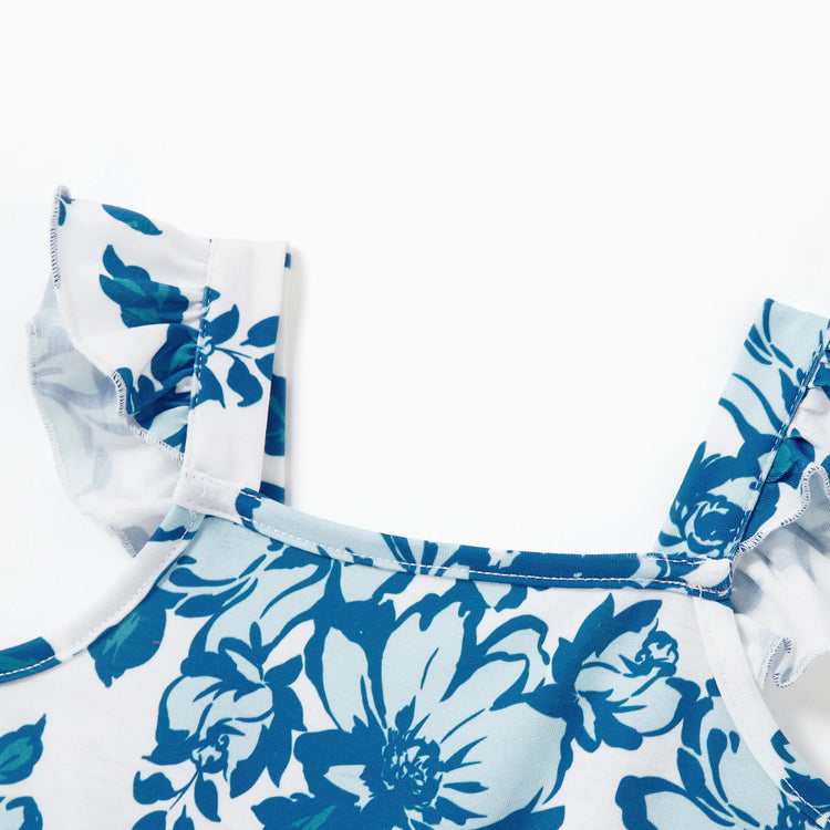 Family Matching Outfits Blue Floral Summer Clothes Halter Dress, or Colorblock T-Shirt Coordinated Look for Beach, Vacation, Photoshoot Turquoise