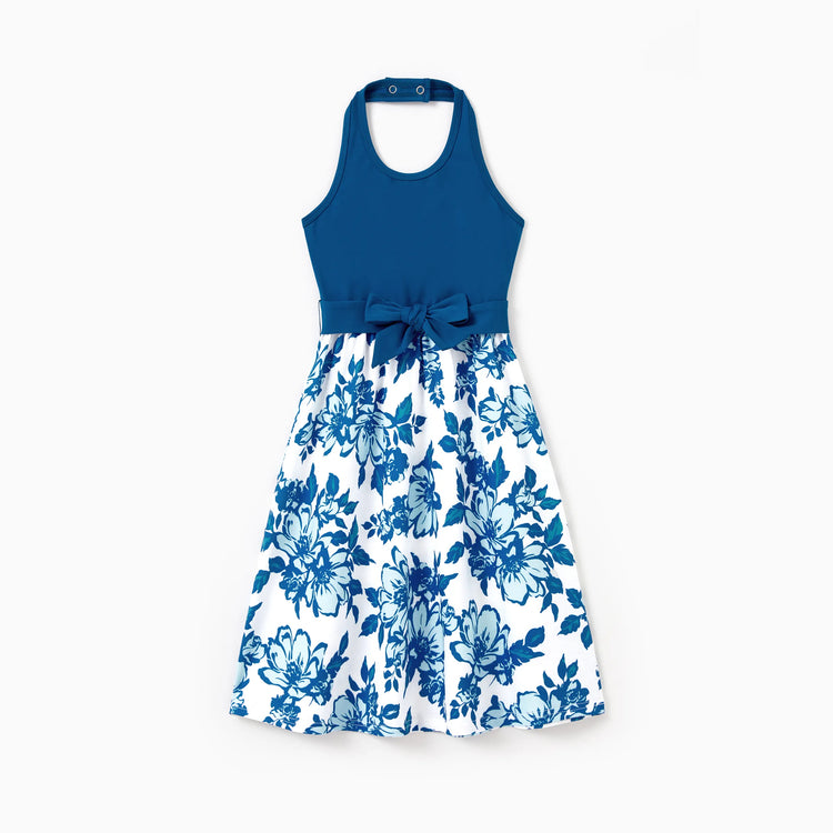 Family Matching Outfits Blue Floral Summer Clothes Halter Dress, or Colorblock T-Shirt Coordinated Look for Beach, Vacation, Photoshoot Turquoise