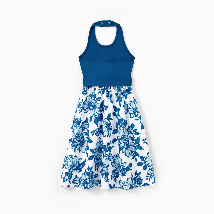 Family Matching Outfits Blue Floral Summer Clothes Halter Dress, or Colorblock T-Shirt Coordinated Look for Beach, Vacation, Photoshoot Turquoise