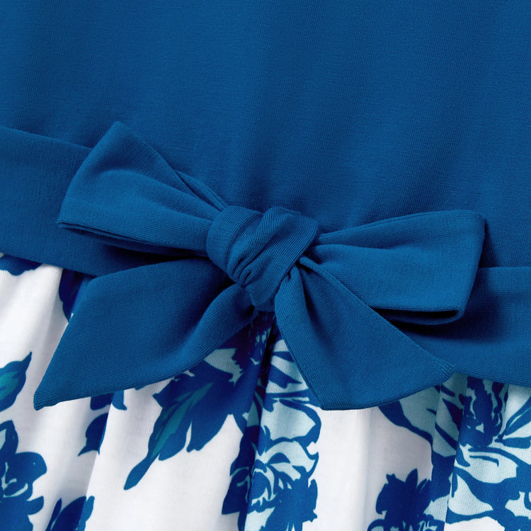 Family Matching Outfits Blue Floral Summer Clothes Halter Dress, or Colorblock T-Shirt Coordinated Look for Beach, Vacation, Photoshoot Turquoise