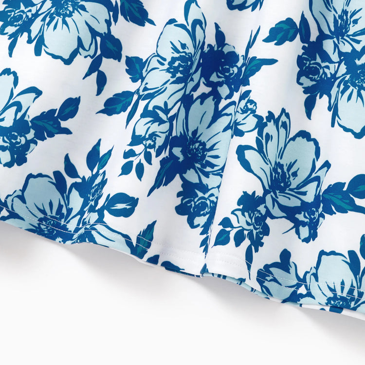 Family Matching Outfits Blue Floral Summer Clothes Halter Dress, or Colorblock T-Shirt Coordinated Look for Beach, Vacation, Photoshoot Turquoise