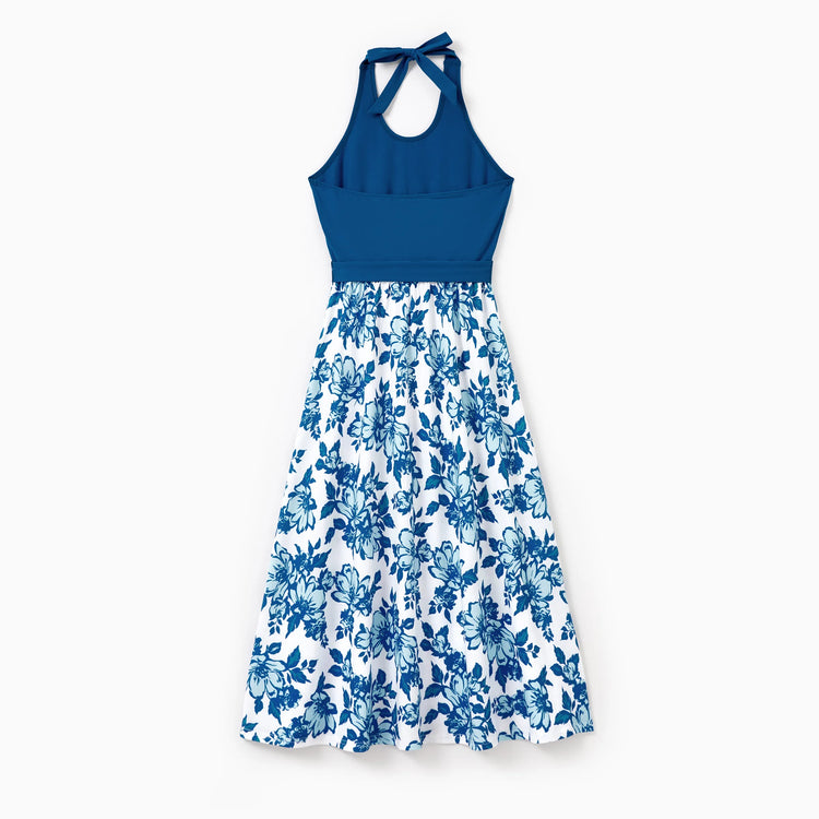Family Matching Outfits Blue Floral Summer Clothes Halter Dress, or Colorblock T-Shirt Coordinated Look for Beach, Vacation, Photoshoot Turquoise