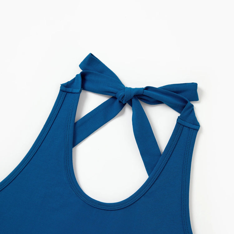 Family Matching Outfits Blue Floral Summer Clothes Halter Dress, or Colorblock T-Shirt Coordinated Look for Beach, Vacation, Photoshoot Turquoise