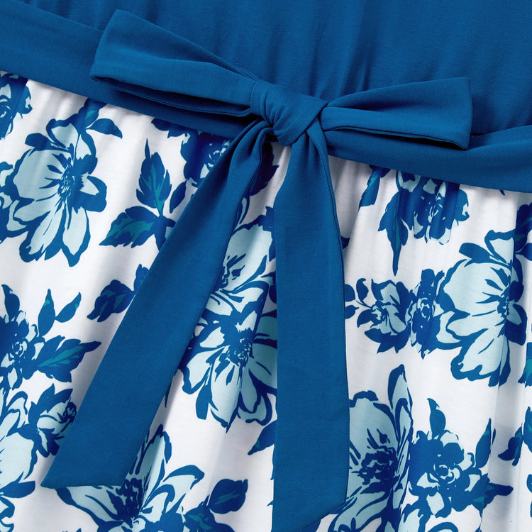 Family Matching Outfits Blue Floral Summer Clothes Halter Dress, or Colorblock T-Shirt Coordinated Look for Beach, Vacation, Photoshoot Turquoise