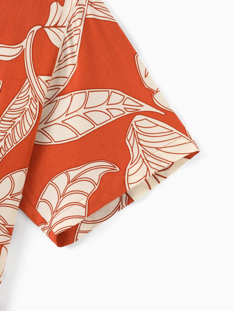 Tenues familiales assorties : ensemble robe dos nu ou chemise à manches courtes à imprimé feuilles corail, collection vacances d'été rouge