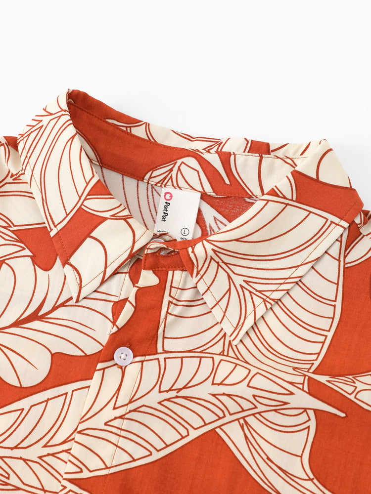 Tenues familiales assorties : ensemble robe dos nu ou chemise à manches courtes à imprimé feuilles corail, collection vacances d'été rouge