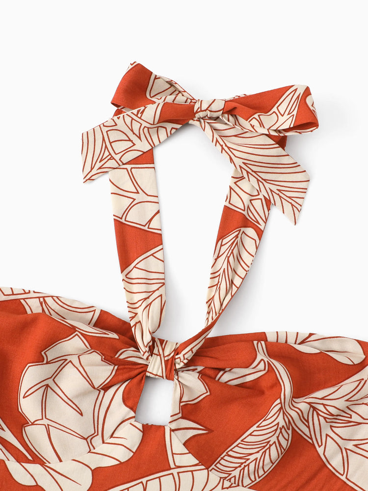 Tenues familiales assorties : ensemble robe dos nu ou chemise à manches courtes à imprimé feuilles corail, collection vacances d'été rouge