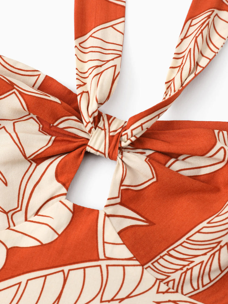 Tenues familiales assorties : ensemble robe dos nu ou chemise à manches courtes à imprimé feuilles corail, collection vacances d'été rouge