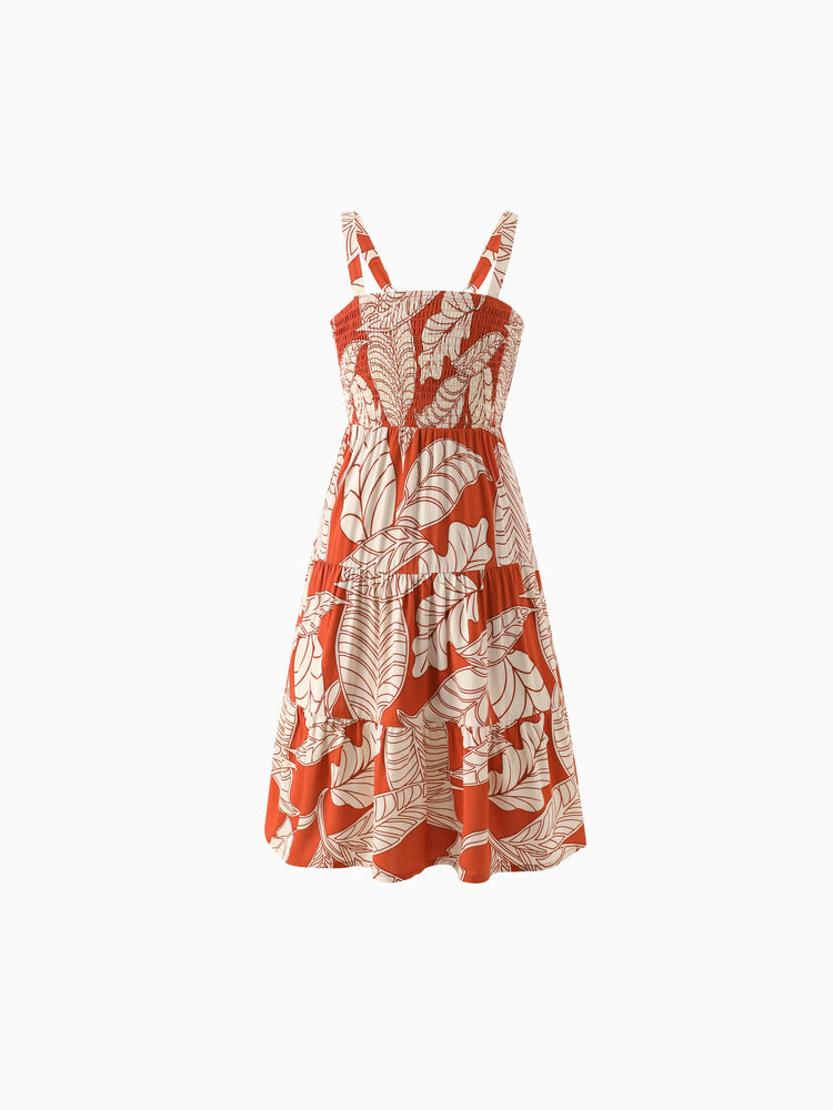 Tenues familiales assorties : ensemble robe dos nu ou chemise à manches courtes à imprimé feuilles corail, collection vacances d'été rouge