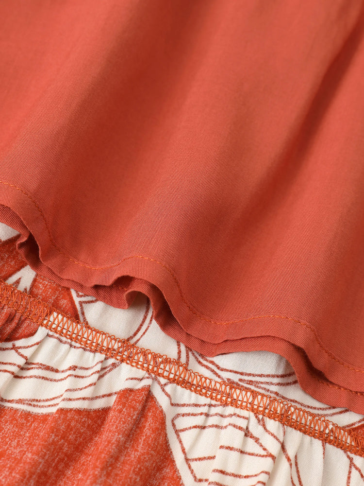 Tenues familiales assorties : ensemble robe dos nu ou chemise à manches courtes à imprimé feuilles corail, collection vacances d'été rouge