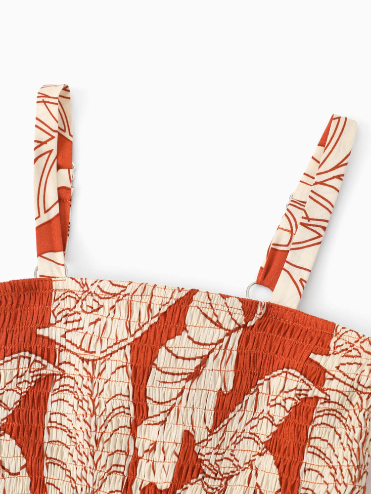 Tenues familiales assorties : ensemble robe dos nu ou chemise à manches courtes à imprimé feuilles corail, collection vacances d'été rouge