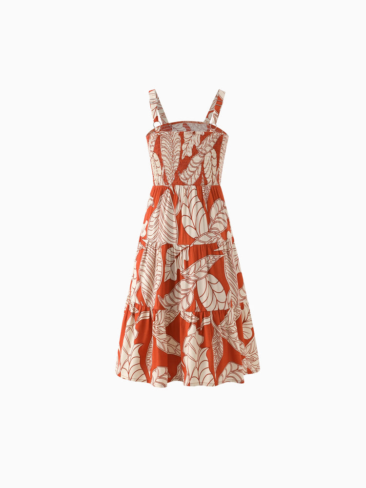 Tenues familiales assorties : ensemble robe dos nu ou chemise à manches courtes à imprimé feuilles corail, collection vacances d'été rouge