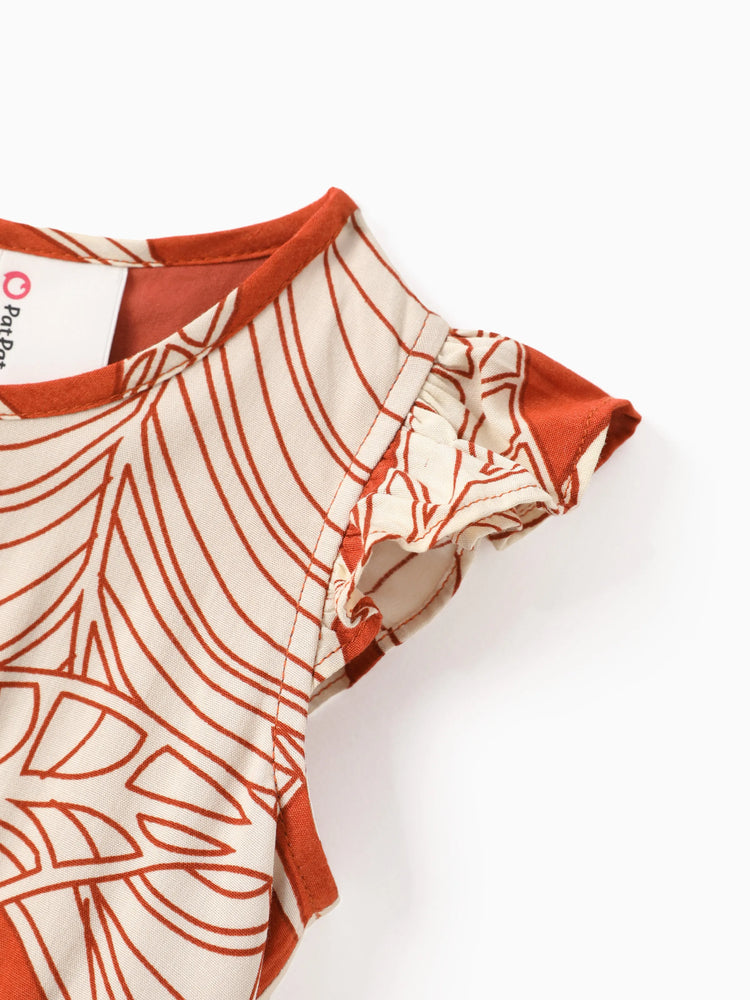 Tenues familiales assorties : ensemble robe dos nu ou chemise à manches courtes à imprimé feuilles corail, collection vacances d'été rouge