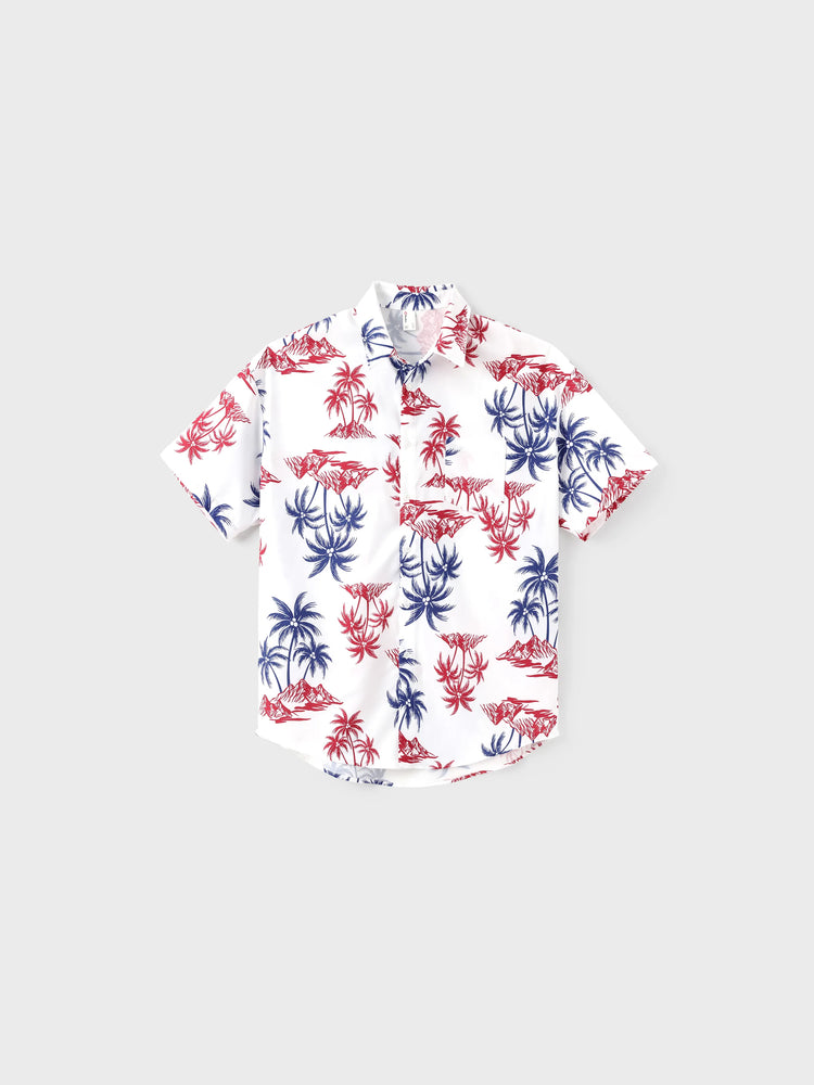 Independence Day 4th of July Matching Family Outfits Red & Blue Palm Tree Print Hawaiian Vacation Clothes Summer Beach Shirt & Dress Set Multi-color